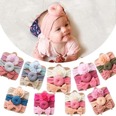 China 3pcs/set Comfy Soft Bow Donut Flower Hair Bands Girls Soft Headwear Kids Hairwrap Hairwear Accessories Elastic Nylon Baby Headbands for sale