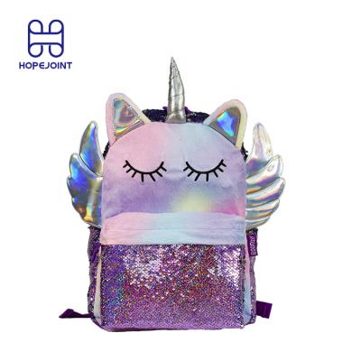 China 2019 fashion trending purple plush sequin backpack /unicorn backpack /cute kids backpack for sale