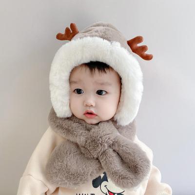 China New COMMON Winter Baby Antlers Hat Scarf Baby Thickened Cotton Combination Warm Hat for Boys and Girls Children Kids Plush Windproof Hat for sale