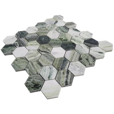 China Hot Selling Polished Hexagon Ming Green Color Marble Mosaic Flooring Slab for sale