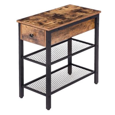 China (Other) Adjustable Industrial End Table with Drawer and 2 Open Mesh Shelves, Narrow Nightstand for Small Spaces for sale