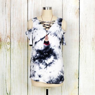 China Anti Shrinkage Women Tie Dye Chill Tee Shirt With Criss Cross Neck for sale