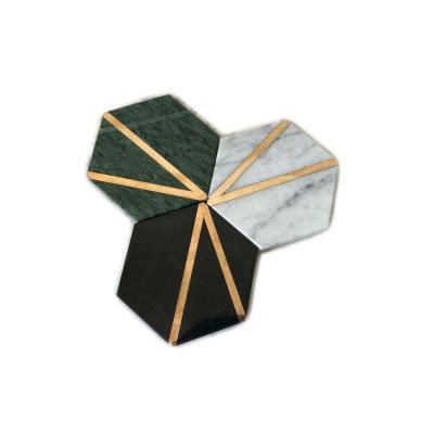 China Sustainable Marble Coasters For Drinks White Marble Coasters With Gold Brass Inlay for sale