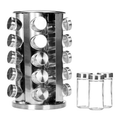 China Viable Spice Jar Stainless Steel Spice Bottle Holder Rotating Seasoning Organizer With 20 Jar Glass Bottles for sale