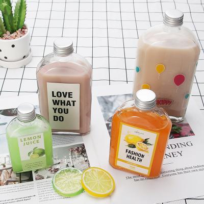 China Hot Sale Disposable Suitable Custom Fashion Beverage Square 400Ml Milk Glass Flat Tea Juice Bottle Hot Price for sale