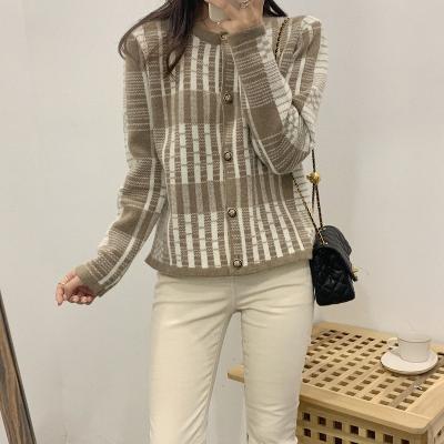 China ZENGLONG Anti-wrinkle girls stripe jacquard crew neck long sleeve sweater tops cardigan women knitted sweaters for wholesale for sale