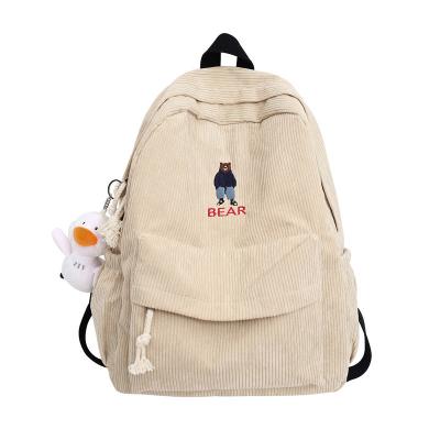 China Portable New Product Vintage Cute Cartoon Embroidery Bear Corduroy Shoulder Student Casual Backpack with Plush Toy for sale