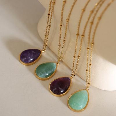 China TRENDY 18K Gold Plated Stainless Steel Green and Purple Natural Stone Necklace Oval Amazonite Necklace for sale