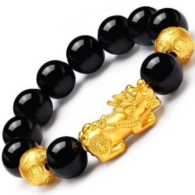 China CLASSIC Gold Plated Buddha Beads Bracelet Lucky Money Feng Shui Pixiu Mani Mantra Black Obsidian Wealth Bracelet for sale