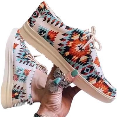 China CUSHIONING New Spring Autumn Ladies Aztec Geometric Lace Up Sneakers With Laces PU Leather Flats For Girls Women for sale