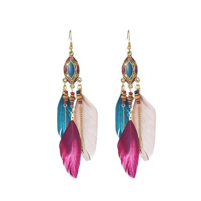 China Vintage Vintage Tassel Feather Beads Long Drop Wolf Tooth Pendant Earring Fish Hook Earrings Feather Long Dangle Earring for sale