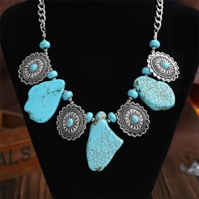 China Ethnic Stone Jewelry Turquoise Boho Vintage Necklace Compass Alloy Pendant Necklace For Women for sale