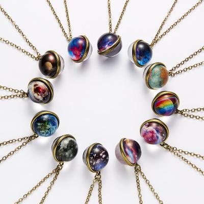 China Retro Vintage Universe Planet Glass Luminous Double Side Necklace Men Women Cosmic Galaxy Pendant Nebula Art Picture Jewelry for sale