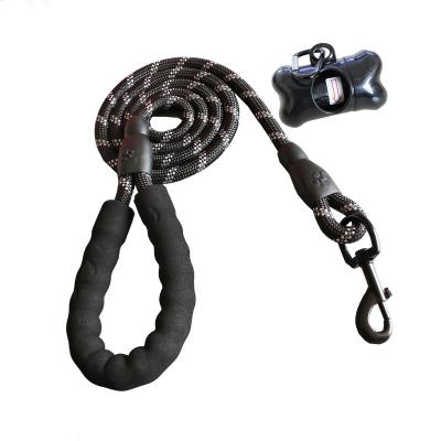 China High Reflective 5 Thread Durable Strong Dog Durable Soft Comfortable Padded Handle FT Nylon Woven Rope Leash With Poop Bag for sale