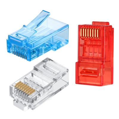 China Network Cable RJ45 Connector, 60pcs RJ45 8P8C 6 Gold Plated Micron 6u 3 Fork Ethernet Cable Crimp Modular Plug, Transparent, Blue, Red for sale