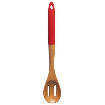 China Sustainable Kitchen Utensils Guarantee Quality Wood Slotted Spoon With Silicone For Sale for sale