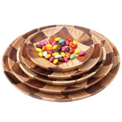 China Wholesale Creative Wooden Wooden Stocked Tray Round Dinner Plate Household Fruit Cake Dessert Dish Dish for sale