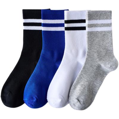 China Sustainable High Quality Trendy Dry Mid Calf Length Tube Sock Striped Cotton Men Sport Socks for sale