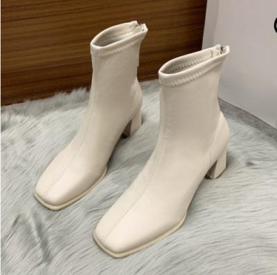 China Deodorization Boot Women Mid Heel Thick Square Head Back Zipper for sale