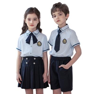 China Custom Wholesale Light Blue Short Sleeved Set Kids School Uniform School Uniform Designs For Boys And Girls Shirt for sale