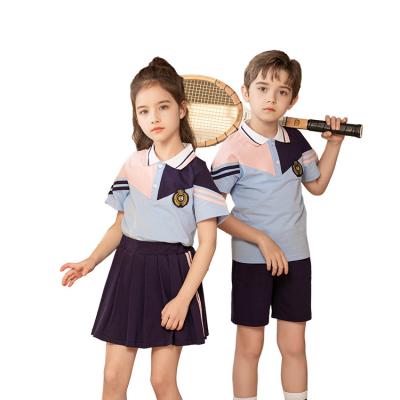 China Light Blue School Uniform Children Kids Uniform School Uniform With Pink Sports Suit With Short Sleeves School Uniform Designs For Boys And Girls Custom Wholesale for sale