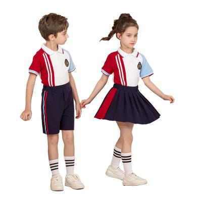 China Red Blue School Uniform Children Kids Uniform School Uniform With White Sports Suit With Short Sleeves School Uniform Designs For Boys And Girls Custom Wholesale for sale