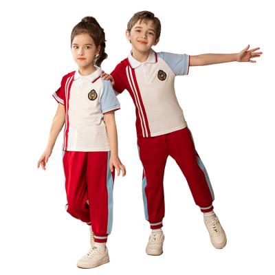 China Red and Blue School Uniform Children Kids Uniform School Uniform With Pants Tracksuit White Short Sleeve School Uniform Designs For Boys And Girls Custom Wholesale for sale