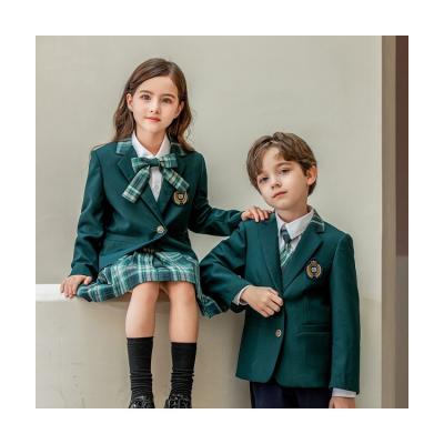 China Green Plaid School Uniform Suits School Uniforms Patterns Suits Coats Girls Boys Long Sleeves Custom Made Clothes Badges Shirt for sale