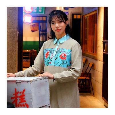 China Design A Women Hotel Chinese Waiter Uniforms Beige Decorative Long Dresses Suit Model Uniforms Many Customization The High Quality for sale