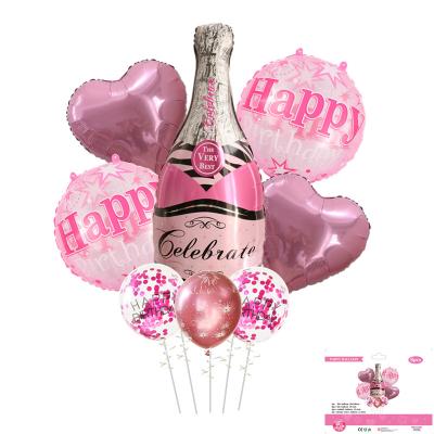 China Gift Toy 8pcs Pink Champagne Bottle Foil Balloon For Women Girls Birthday Party Decoration Printed Metal Confetti Pink Latex Balloon for sale