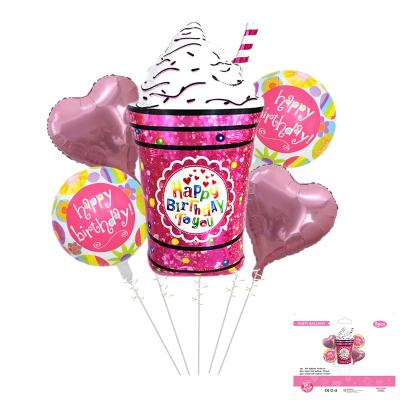 China Wholesale 5pcs Birthday Heart Ice Cream Shape Pink Foil Balloon Set Girls Birthday Party Decoration Balloons for sale