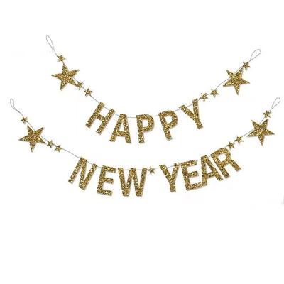 China Paper Gold Glitter Happy New Year Letters Banner For New Year Party Backdrop Decoration New Year'S Eve Party Supplies 2022 for sale