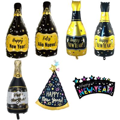 China Foil 2022 Black Happy New Year Champagne Bottle Foil Balloon For New Year Party Background Decoration Wholesale Happy Balloon Gold Foil for sale