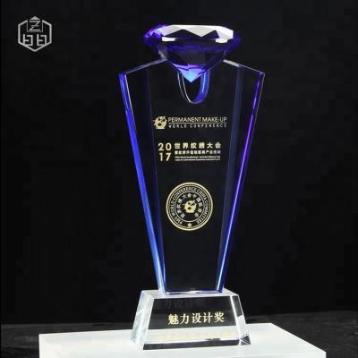 China China Luxury Customize Large Elegant Blue Diamond Crystal Trophy for sale