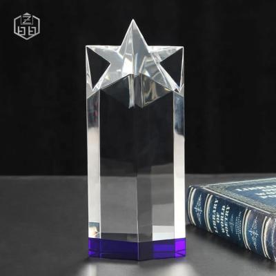 China Europe Hot Sale Customize Blue Base Glass Cube For Souvenir , Good Quality Engraving Crystal Star Trophy Creative Gifts Popular for sale