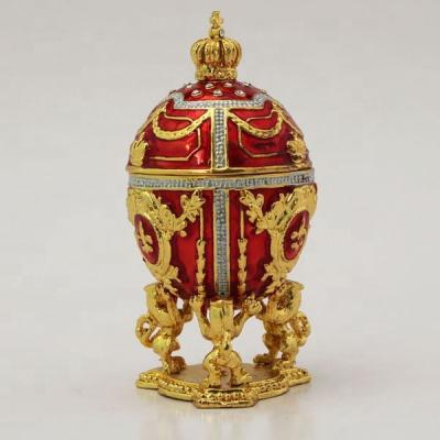 China Pewter with enamel and Faberge crystal hand painted red egg with gold finish, rhinestones, enamel jewelry trinket box for sale