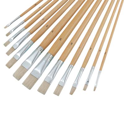 China Factory Direct Professional Natural Hair Wooden Handle Art Painting Bristle Flat Brush Set for sale