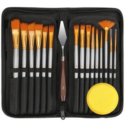 China High Quality Nylon 15Pcs Mixture Acrylic Watercolor Gouache Oil Paint Shapes Hair Artist Brushes Set With Black Zipper Canvas Bag for sale