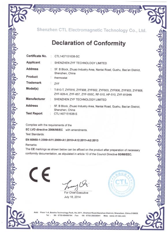 CE Certificate - Shenzhen ZYF Technology Limited