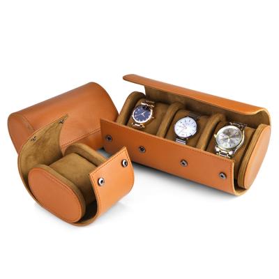 China Custom Handmade Vintage Brown Leather Watch Box Roll Logo Luxury Leather Watch Box for sale