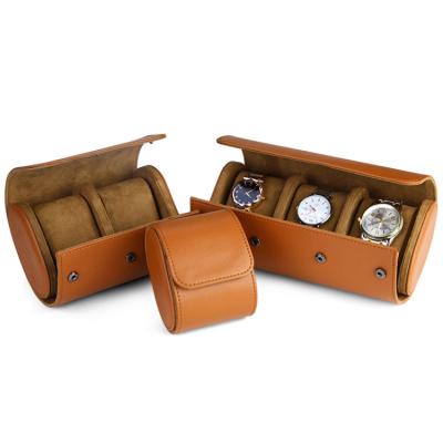 China Handmade Custom Logo 3 Slot Button Roll Watch Box Travel Luxury Leather Watch Case for sale