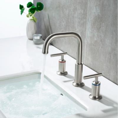 China Brass Faucet Wire Drawing Metered Deck Mounted Double Handle 3 Hole Faucets Bathroom Basin Faucets Water Taps Wasserhahn for sale