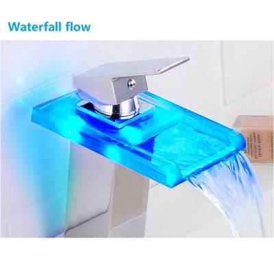 China 2020 New Product Waterfall 3 Color Changing Brass Faucet Mixer Tap Thermostatic Basin Faucets Chrome Bathroom Led Faucet for sale