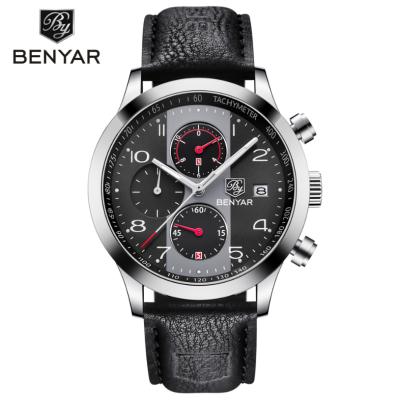 China Auto Date Benyar 5133 Cool Blue Sport Wristwatches For Men Quartz 3ATM Water Resistant Multifunction Chronograph Leather Strap Long for sale