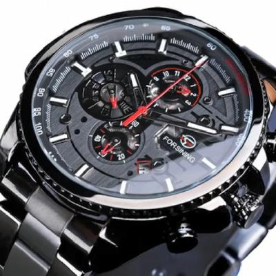 China Top Luxury Black Automatic Men Wrist Watch Stainless Steel Calendar Display Three Dial Day/Date Brand Military Sport for sale