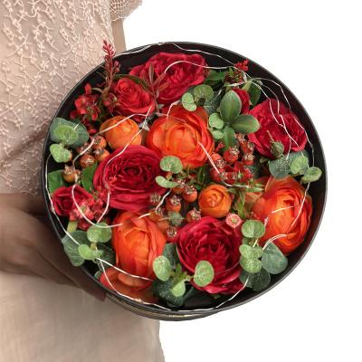 China Artificial Rose Flower Arrangement LED Light Decoration Black Round PU Round Gift Valentine's Day Modern Flower for sale