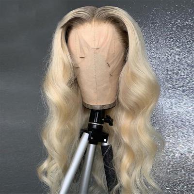 China Loose Wave 613 Blonde Lace Front Human Hair Wigs Brown Root Brazilian Glueless Lace Front Wigs Pre Plucked Natural Hairline Loose Wave Wigs for sale