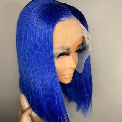 China Transparent Straight Blue Color Bob Wigs Hair Lace Wigs Pre Plucked Natural Hairline Brazilian Virgin Hair Short Lace Front Wigs for sale