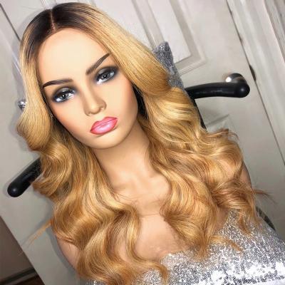 China Body Wave 13x6 Lace Front Human Hair Ombre 27# Blonde Brazilian Wigs Glueless Lace Wigs Bleached Knots Lace Front Human Hair Wigs for sale