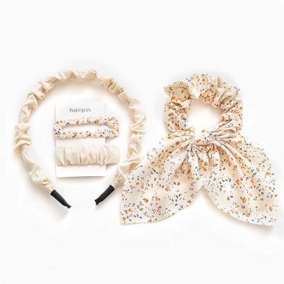 China Eco-Friendly Floral Hairpin Pleated Hair Accessories Set Macaron Hemming Headband Set Bowknot Hair Tie Scrunchies Sweet Lady for sale